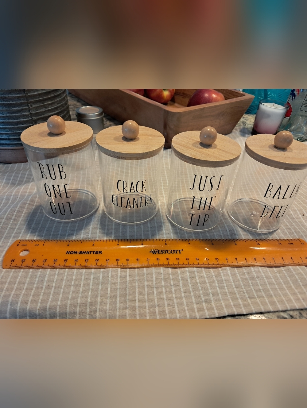 Set of 4 Funny Clear Plastic Canisters with Natural Wood Lids - Clear